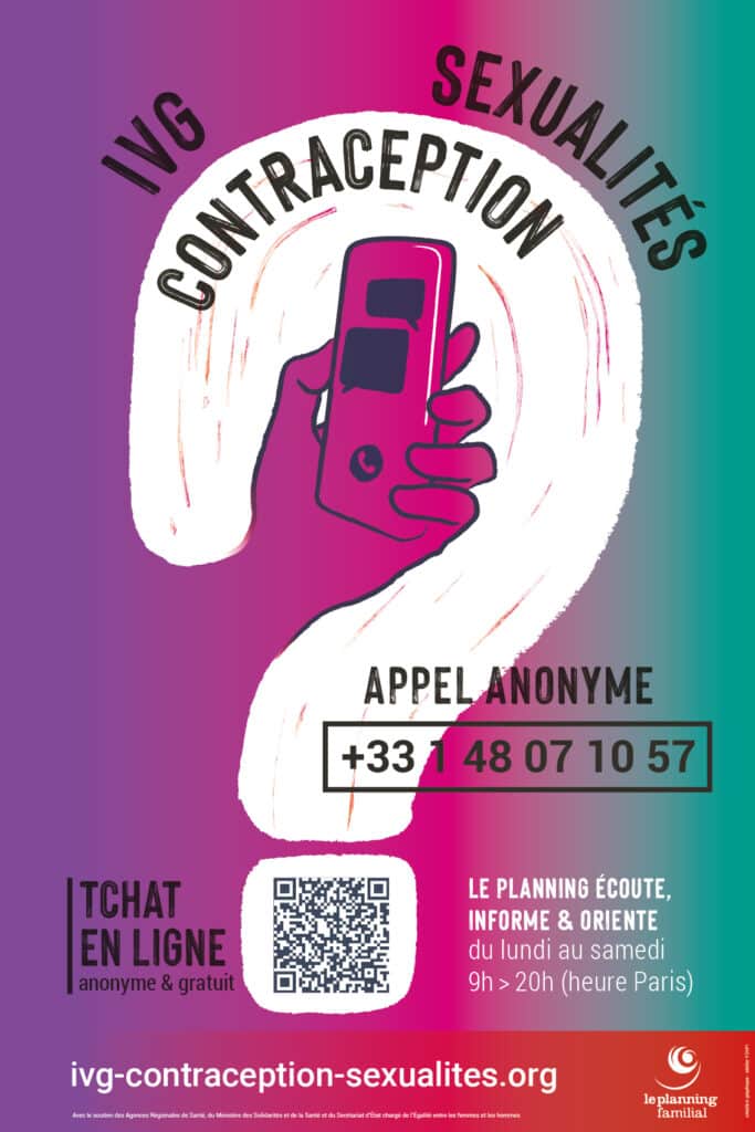 Image représentant un point d'interrogation blanc au milieu de la page avec une main tenant un téléphone. Ceci représentant le logo du numéro vert et du tchat du planning familial. Le numéro pour les français-es vivant à l'étranger est le +33148071057 est accessible de 9h à 20h, heure de Paris.