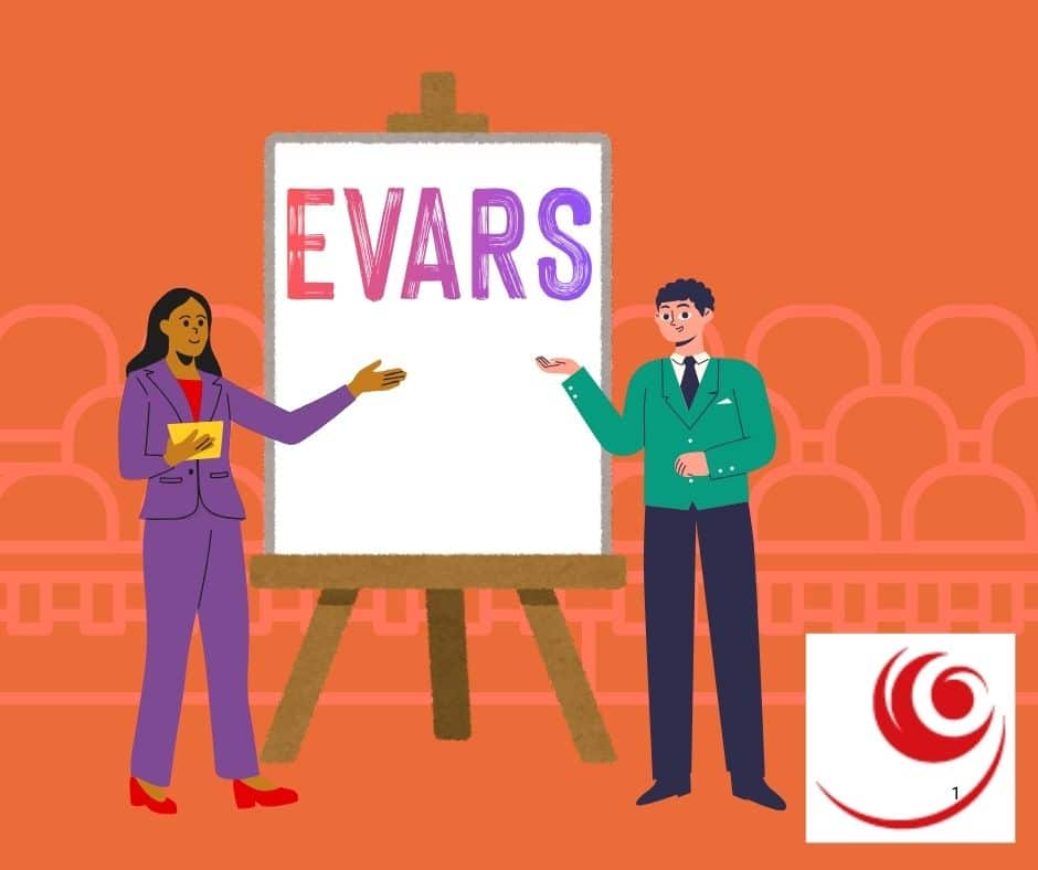 Image sur fond orange représentant 2 personnes qui animent une séance d'EVARS devant des tribunes style Assemblée Nationales